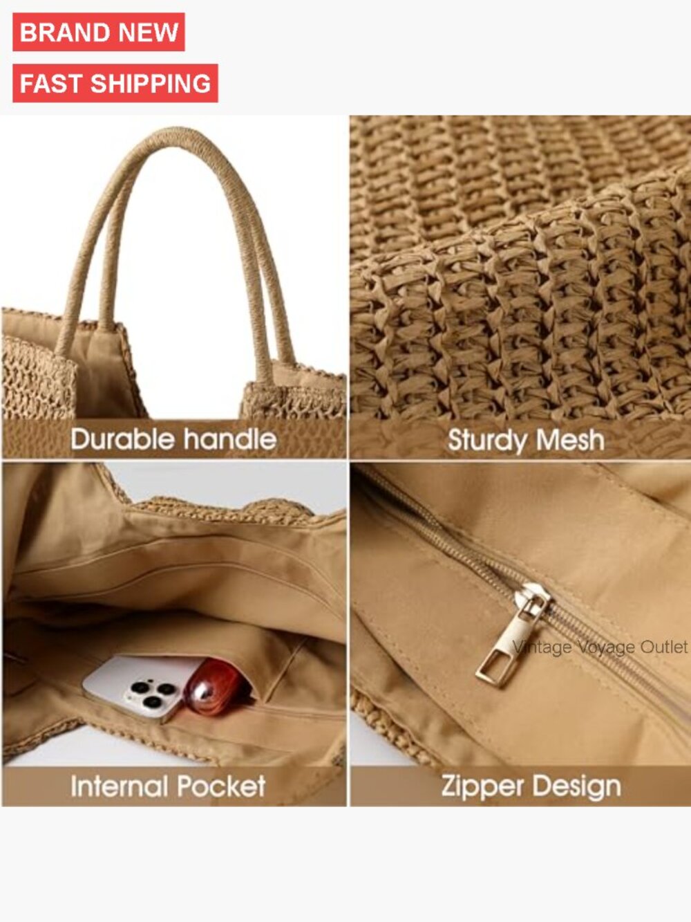 Large Straw Tote Bag for Women, Woven Beach Bag with Zipper, Lightweight - Picture 6 of 7